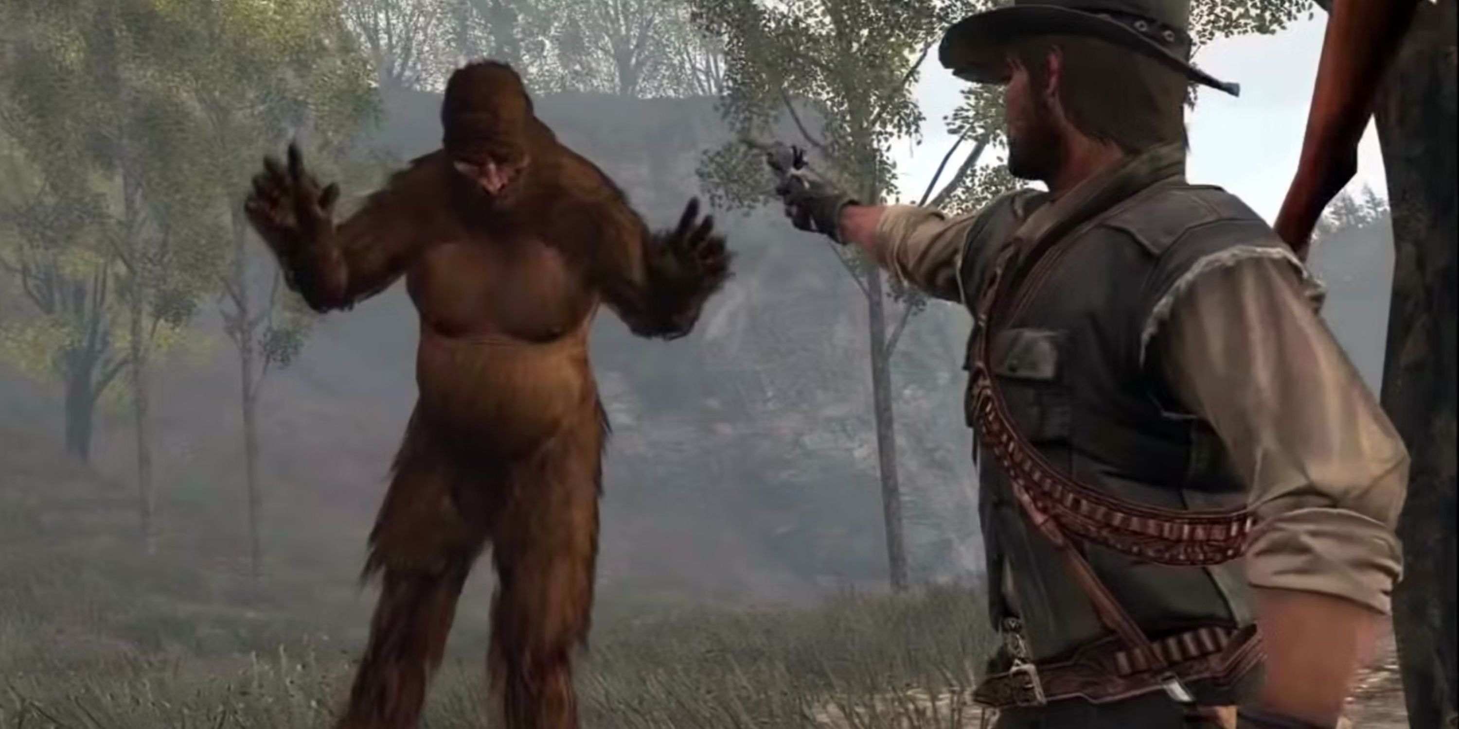 john marston aiming his gun at bigfoot