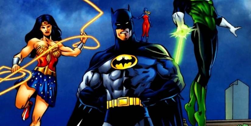 wonder woman, batman and green lantern with atom girl