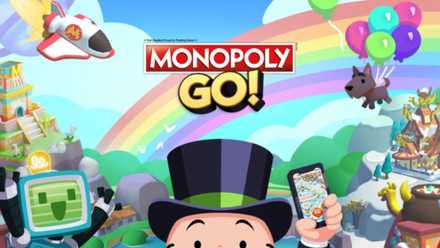 Milburn Pennybags holding a mobile phone in front of Monopoly GO! logo