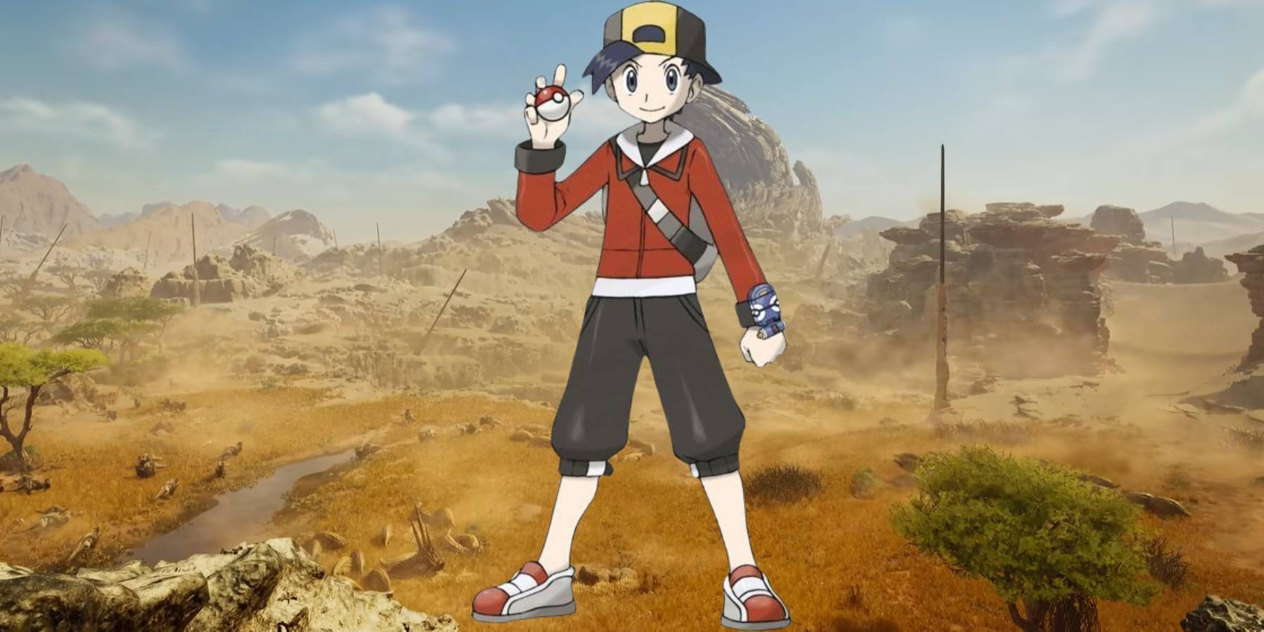Ethan from Pokemon Gold and Silver over a scene from Monster Hunter Wilds' trailer