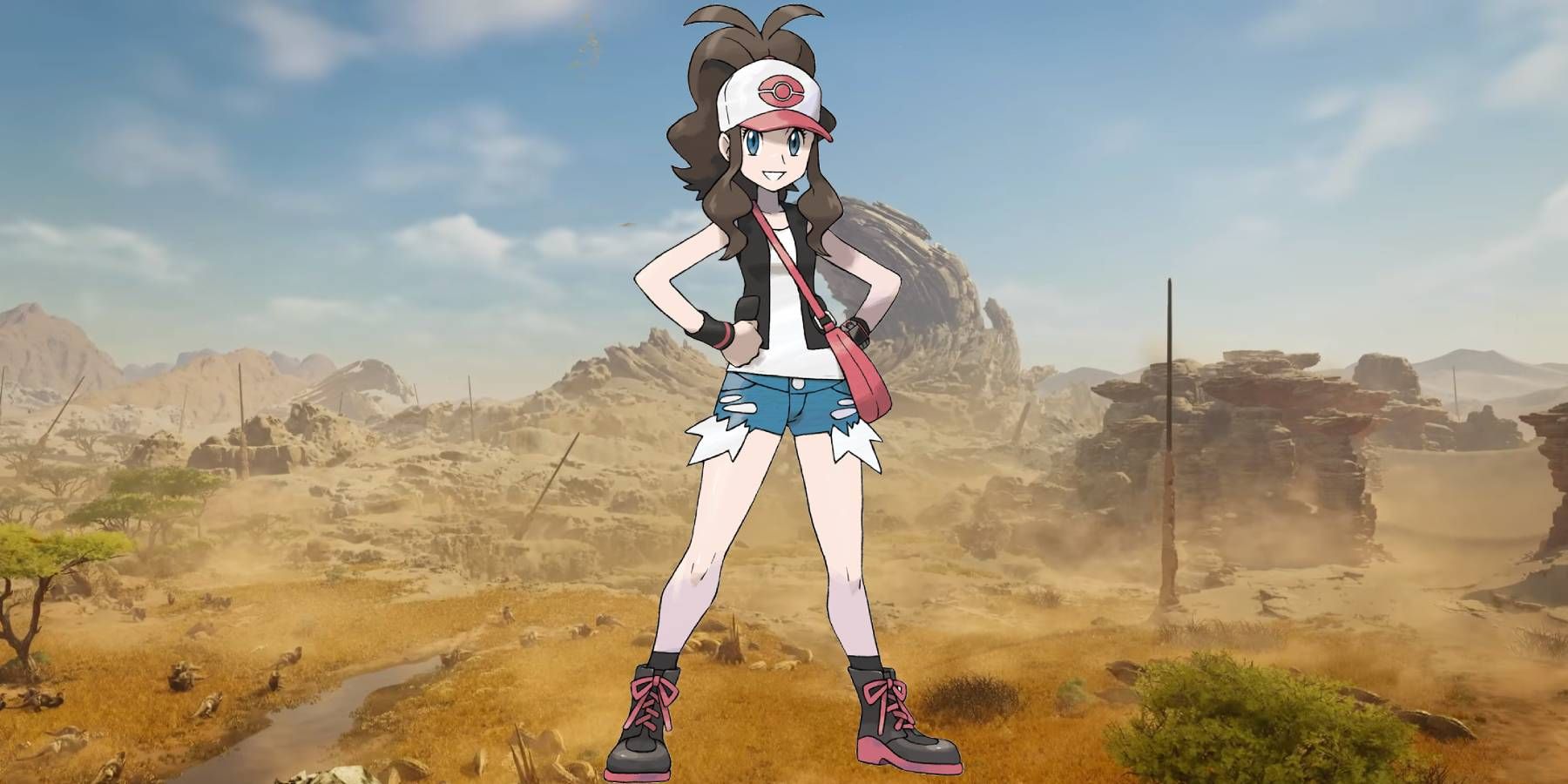 Hilda from Pokemon Black and White over a shot from the trailer for Monster Hunter Wilds