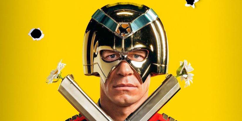 A promotional image of Peacemaker, as played by John Cena, holding his twin pistols against a yellow background.