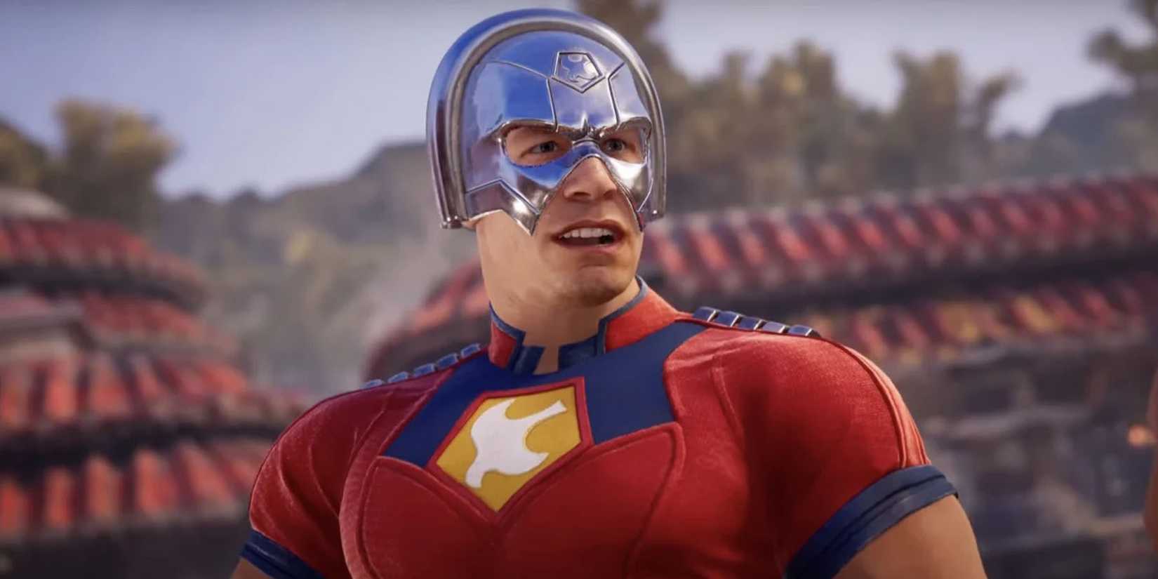 A close-up screenshot of Peacemaker in Mortal Kombat 1.