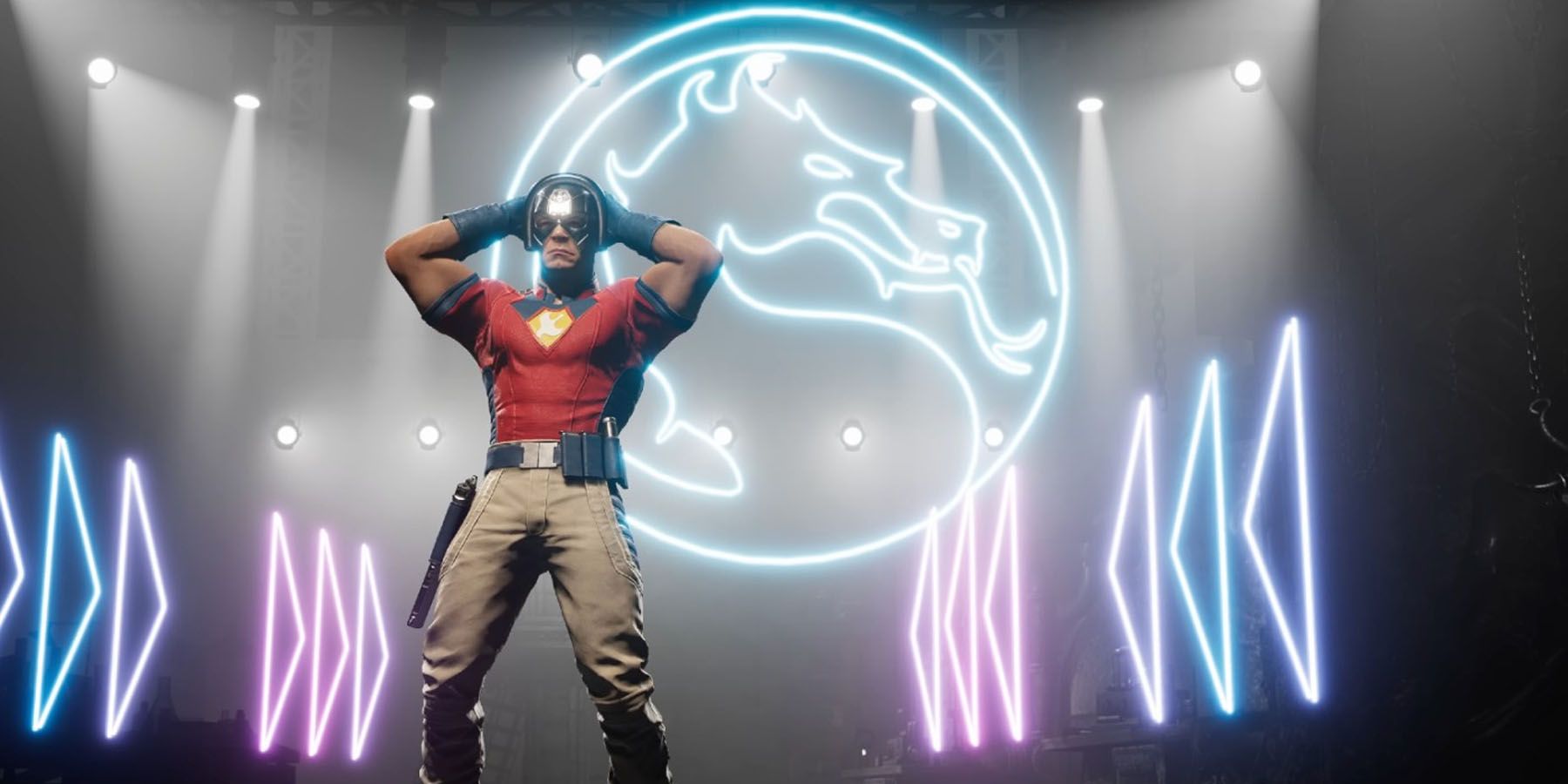 A screenshot of Peacemaker dancing in front of a neon MK dragon logo in Mortal Kombat 1.