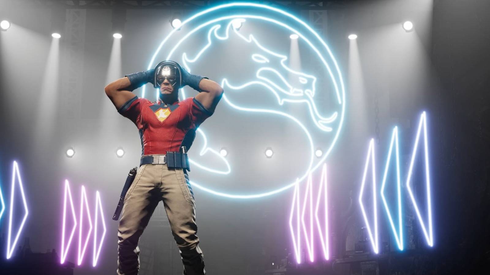 A screenshot of Peacemaker dancing in front of a neon MK dragon logo in Mortal Kombat 1.