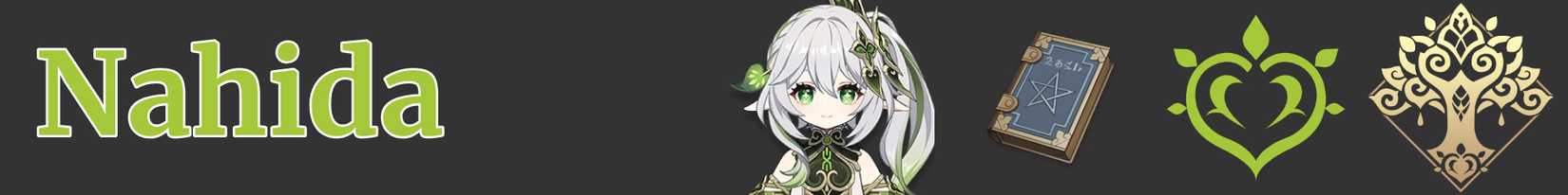 icons representing nahida, a catalyst, dendro, and sumeru from genshin impact