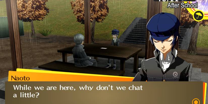 Naoto from Persona 4 sitting across from Yu on a picnic bench saying "While we are here, why don't we chat a little?"