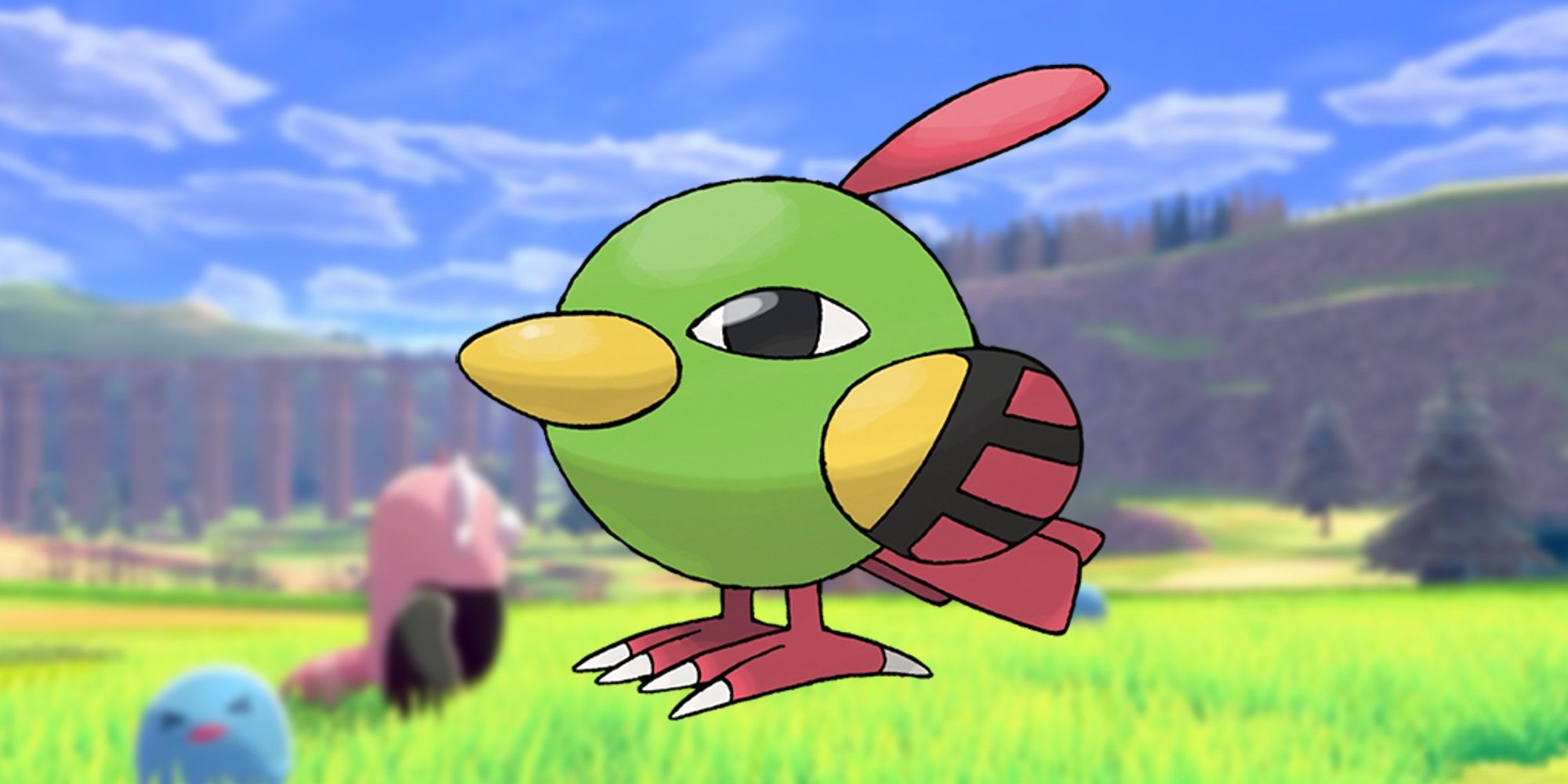 Natu in a field with two Pokemon behind him