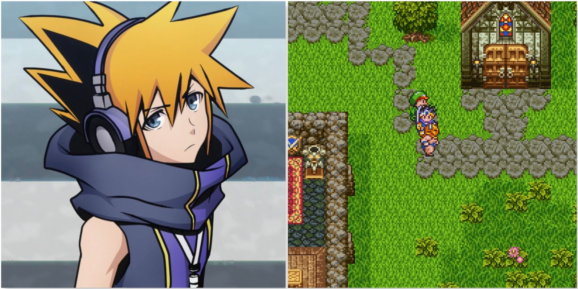 Neku in The World Ends With You and Exploring a town in Dragon Quest 3 The Seeds Of Salvation