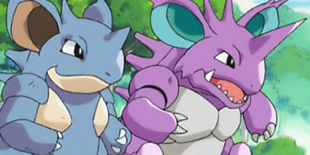 Nidoking and Nidoqueen together in the Pokemon anime.