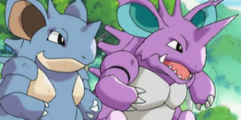 Nidoking and Nidoqueen together in the Pokemon anime.