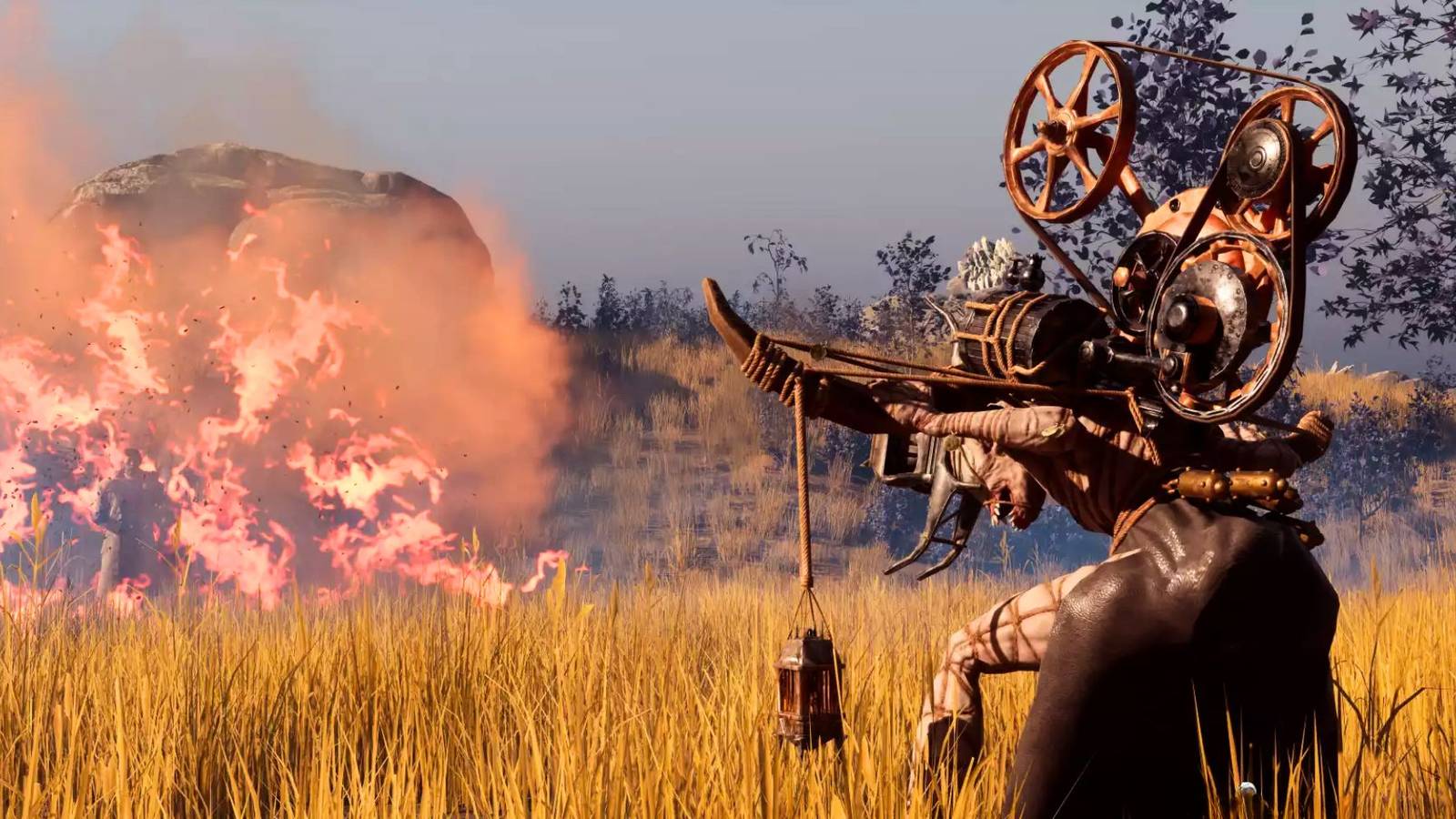 A character from Nightingale bowing towards a fire