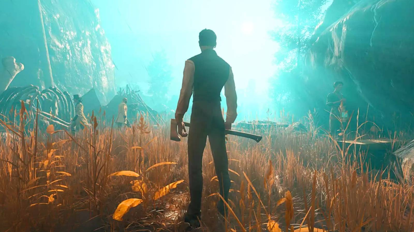 A Nightingale character standing in a field holding an axe