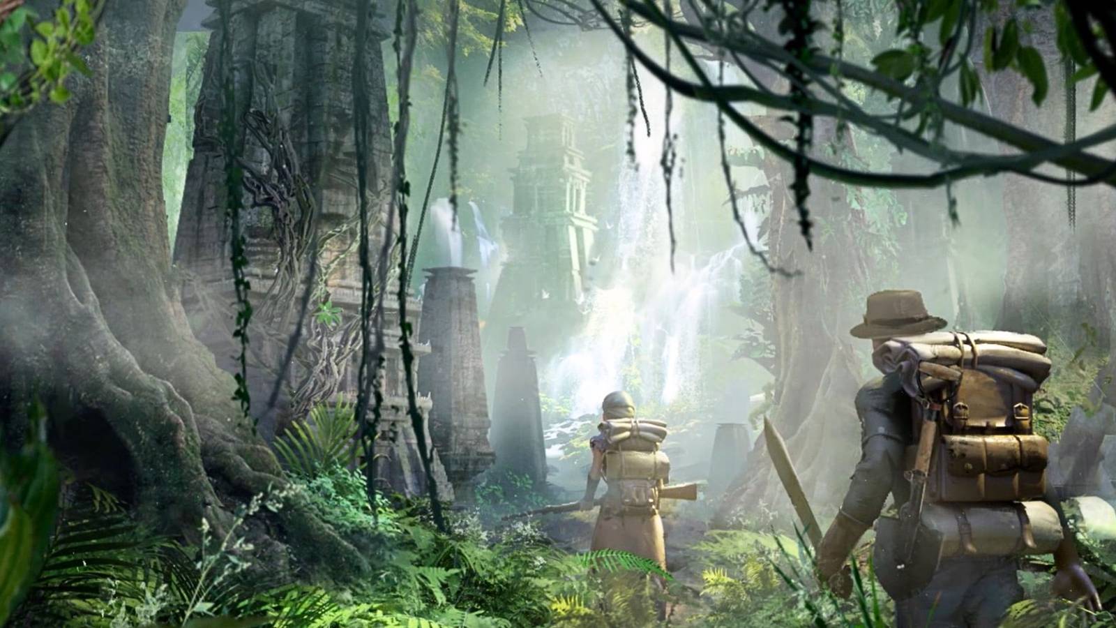 Nightingale characters walking through a dense jungle