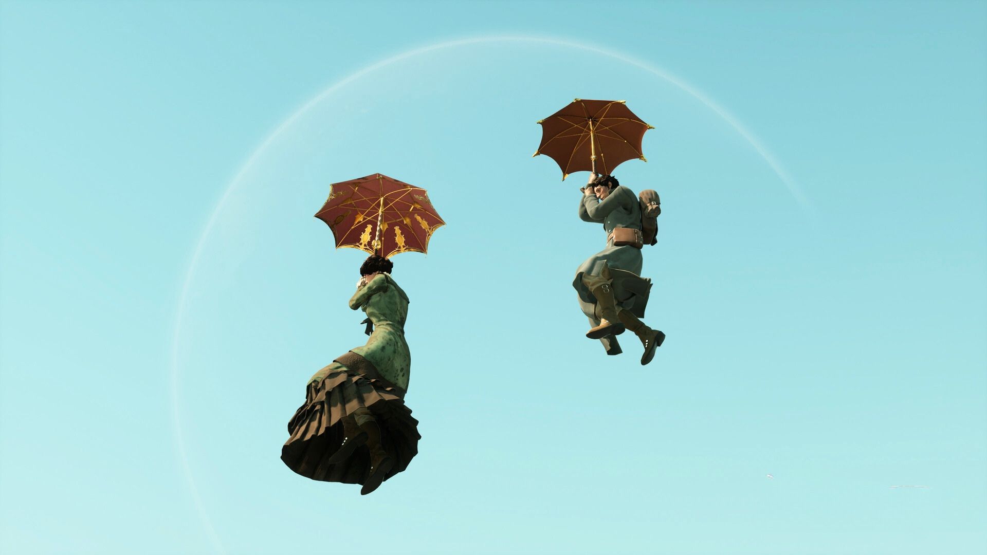 Two Nightingale characters gliding on umbrellas