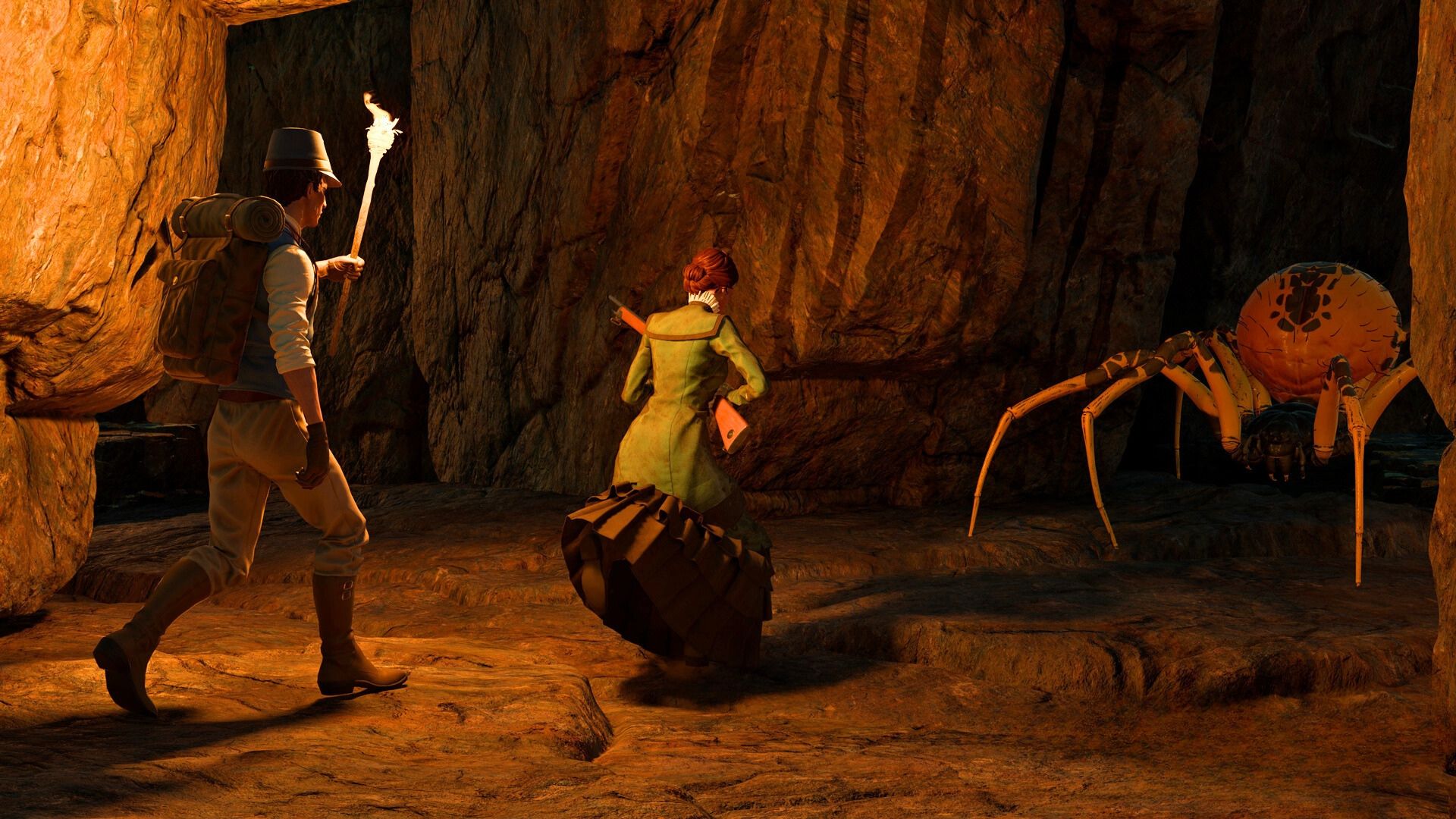 Two Nightingale characters encountering a giant spider in a cave