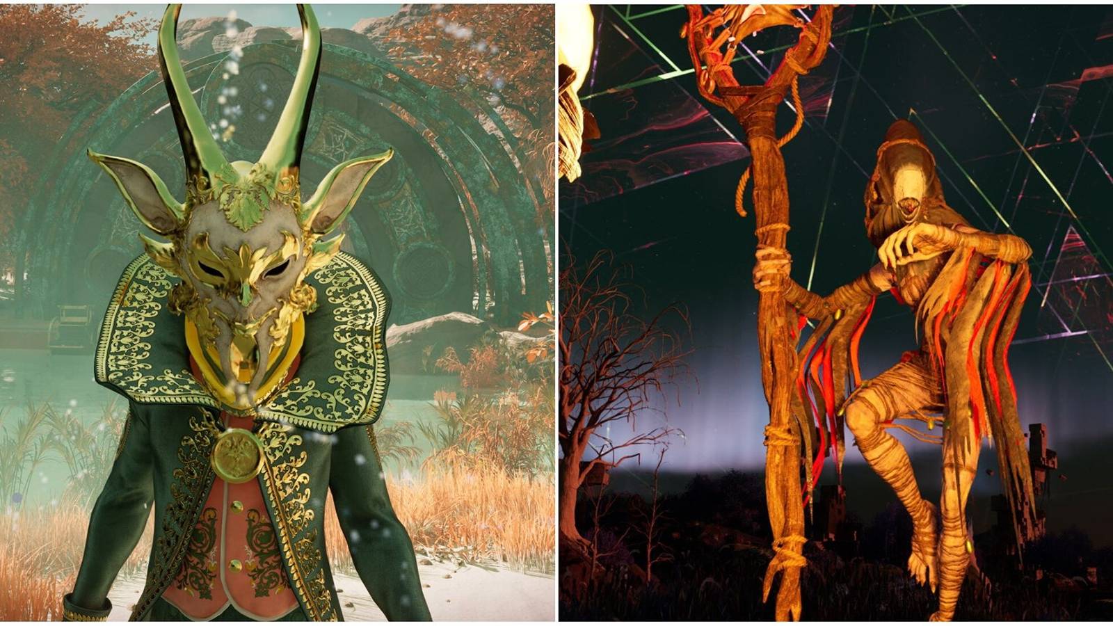 nightingale masked man and witch holding staff