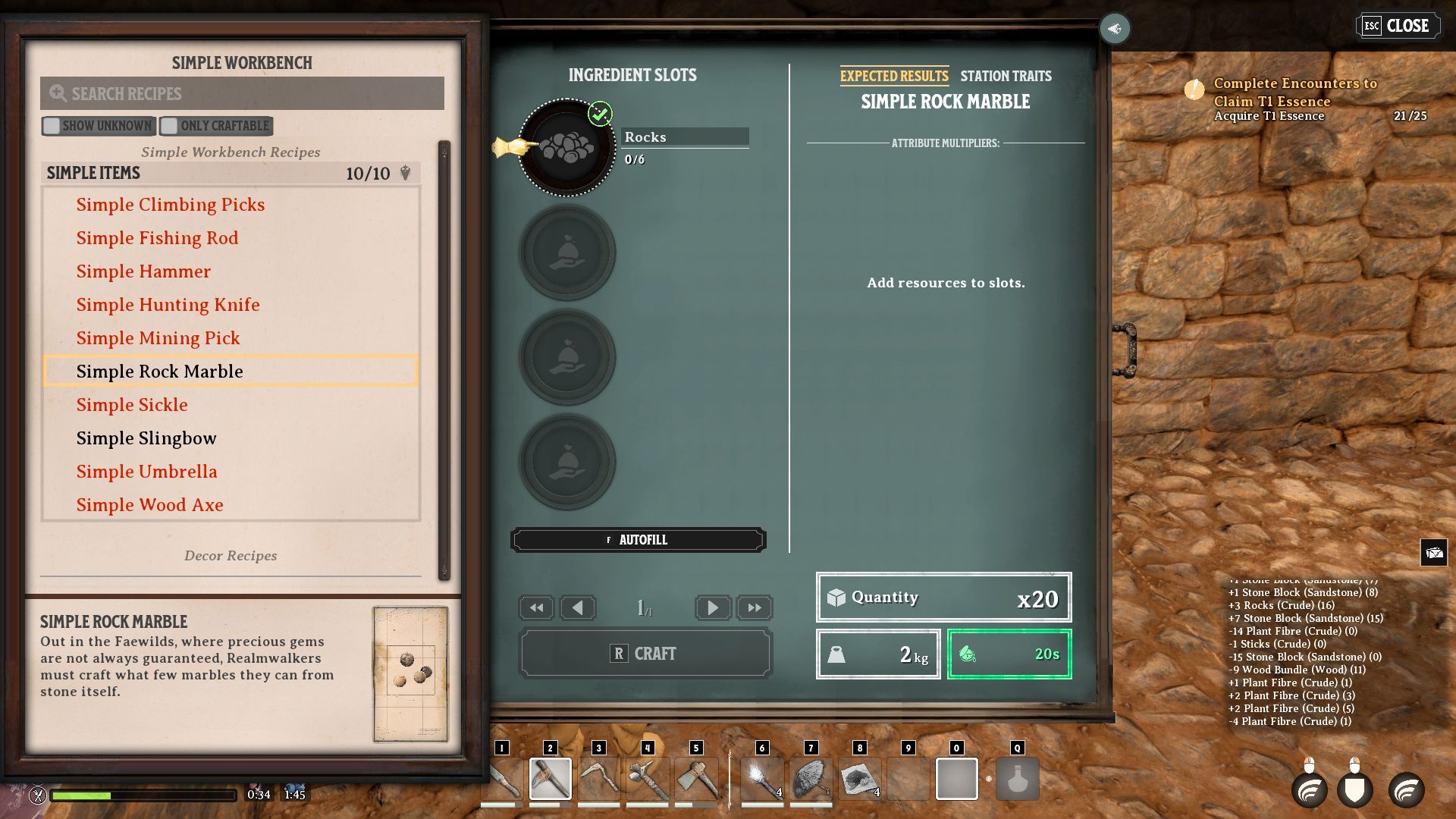 The Simple Workbench menu in Nightingale, showing the requirements to make Rock Marbles