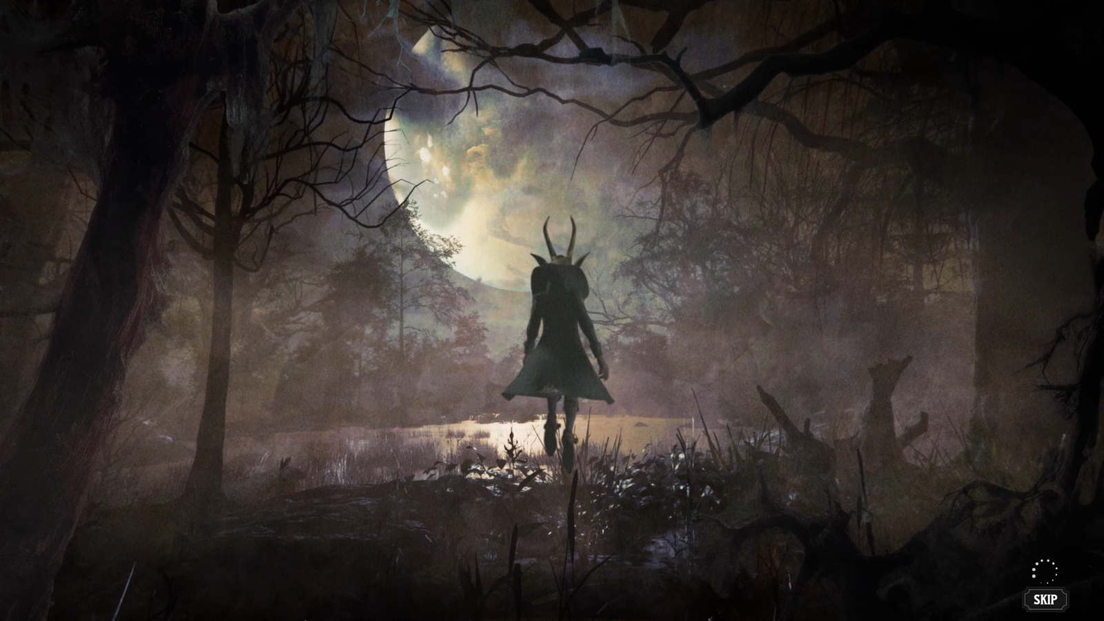 Puck wandering through the forest at night with the full moon in the background in Nightingale