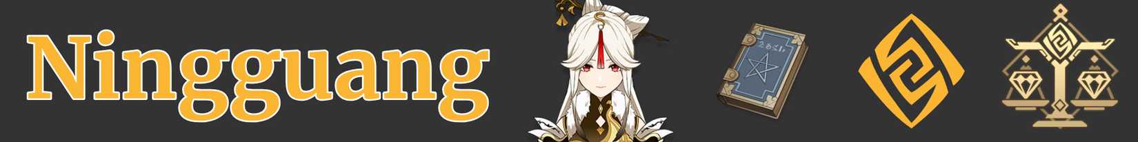 a narrow image strip with icons representing ningguang's weapon, element, and region - catalyst geo liyue - genshin impact