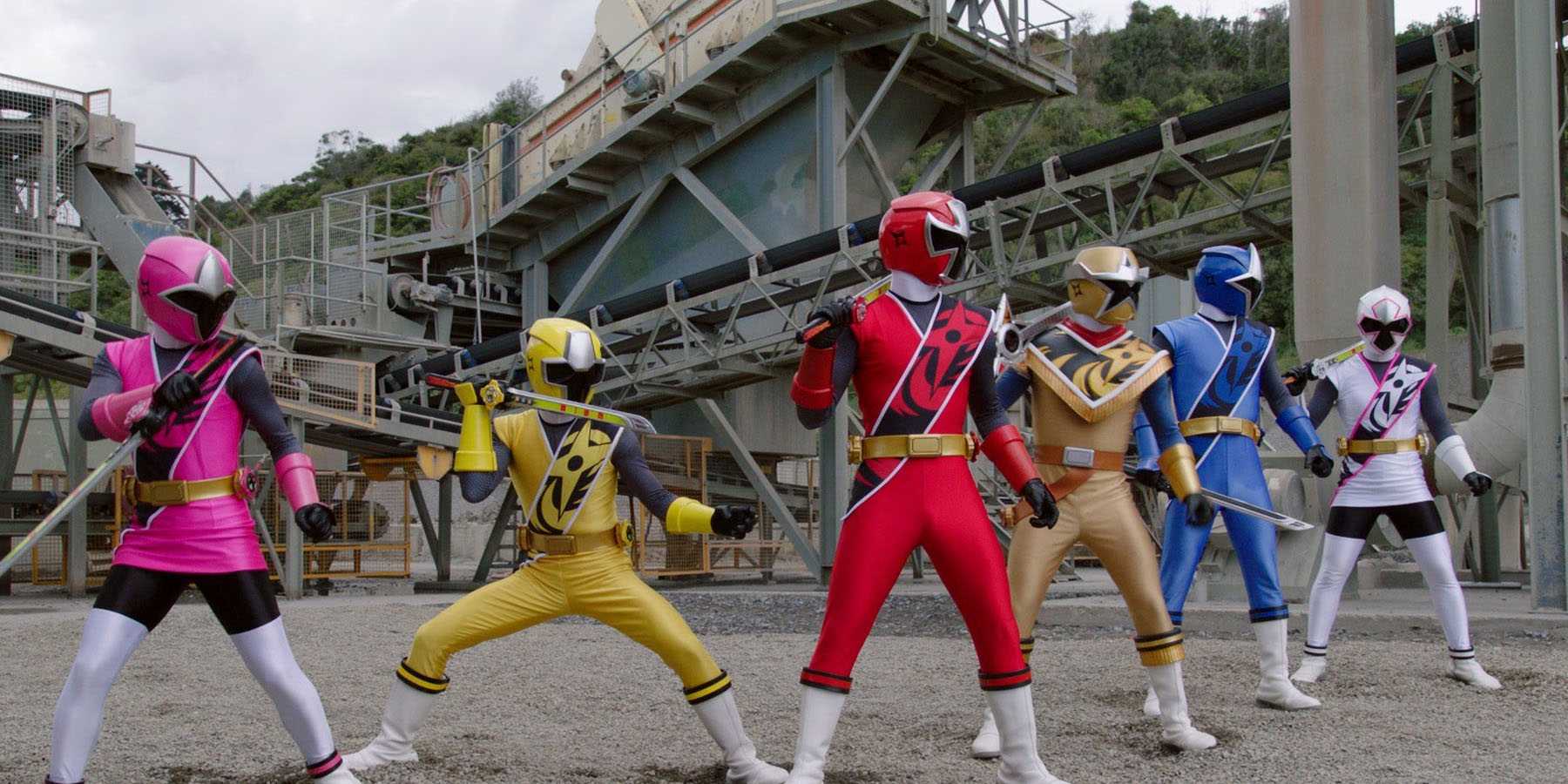 The Gold, Pink, Red, Blue, and White Rangers in Ninja Steel