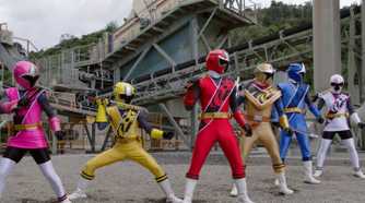 The Gold, Pink, Red, Blue, and White Rangers in Ninja Steel