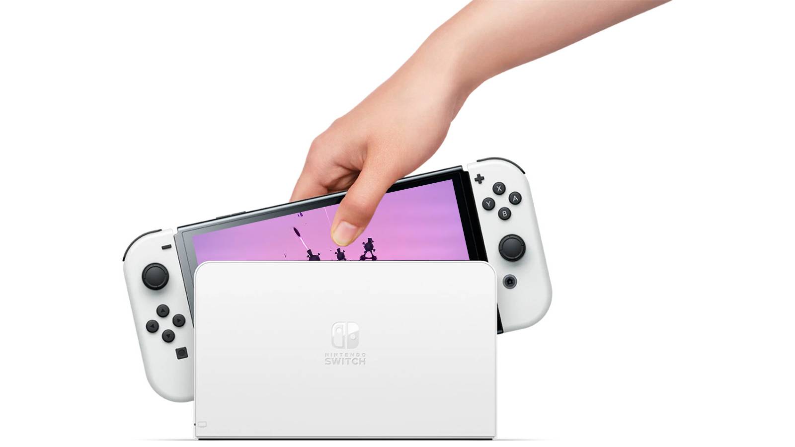 Nintendo Switch OLED Model displaying purple World of Goo 2 announcement trailer screenshot while hand inserts it into dockjpg