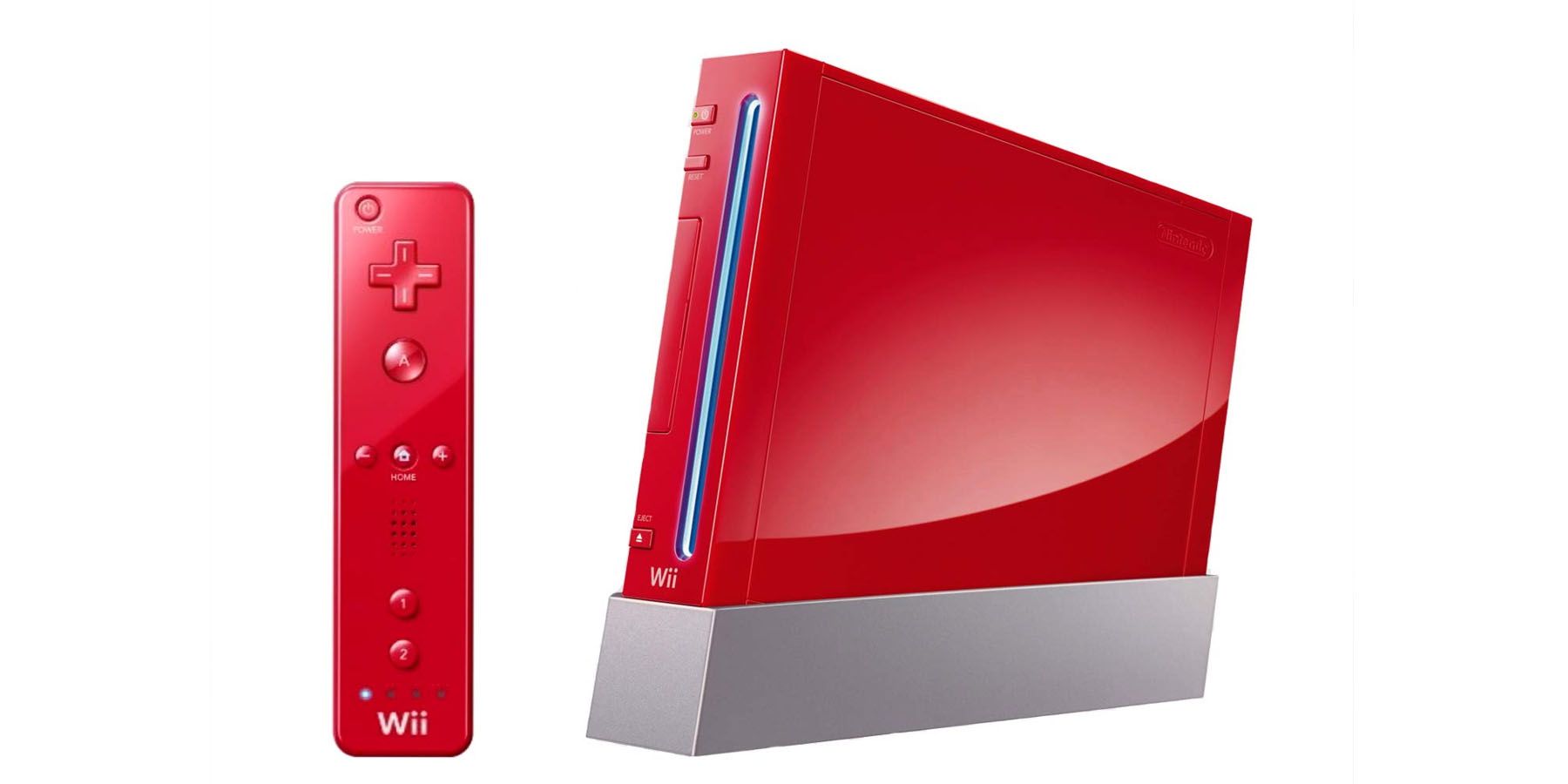 An image of a red Nintendo Wii console and Wiimote against a white background.
