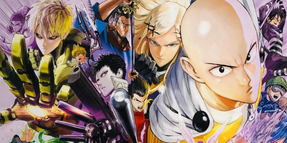 Official art of Saitama, Genos and many other characters from One Punch Man.