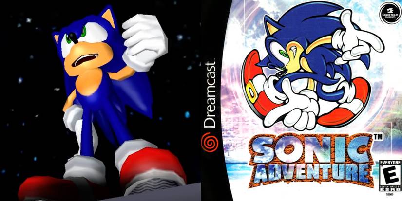 sonic adventure box art next to a screenshot of sonic smiling