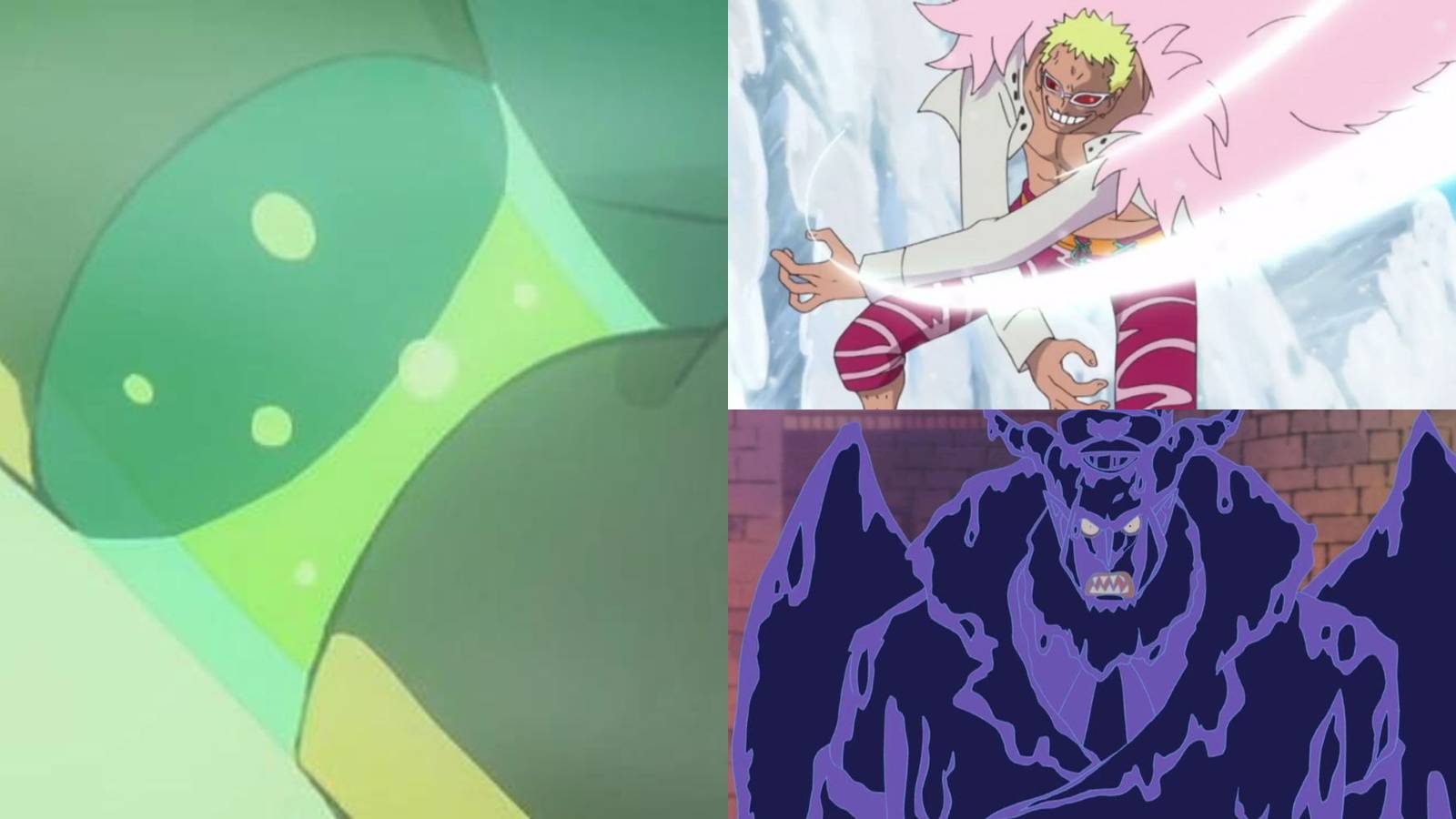 An example of what Green Blood is, alongside 2 powerful devil fruit abilities that could've been replicated with it: The Ito Ito no Mi and the Doku Doku no Mi.