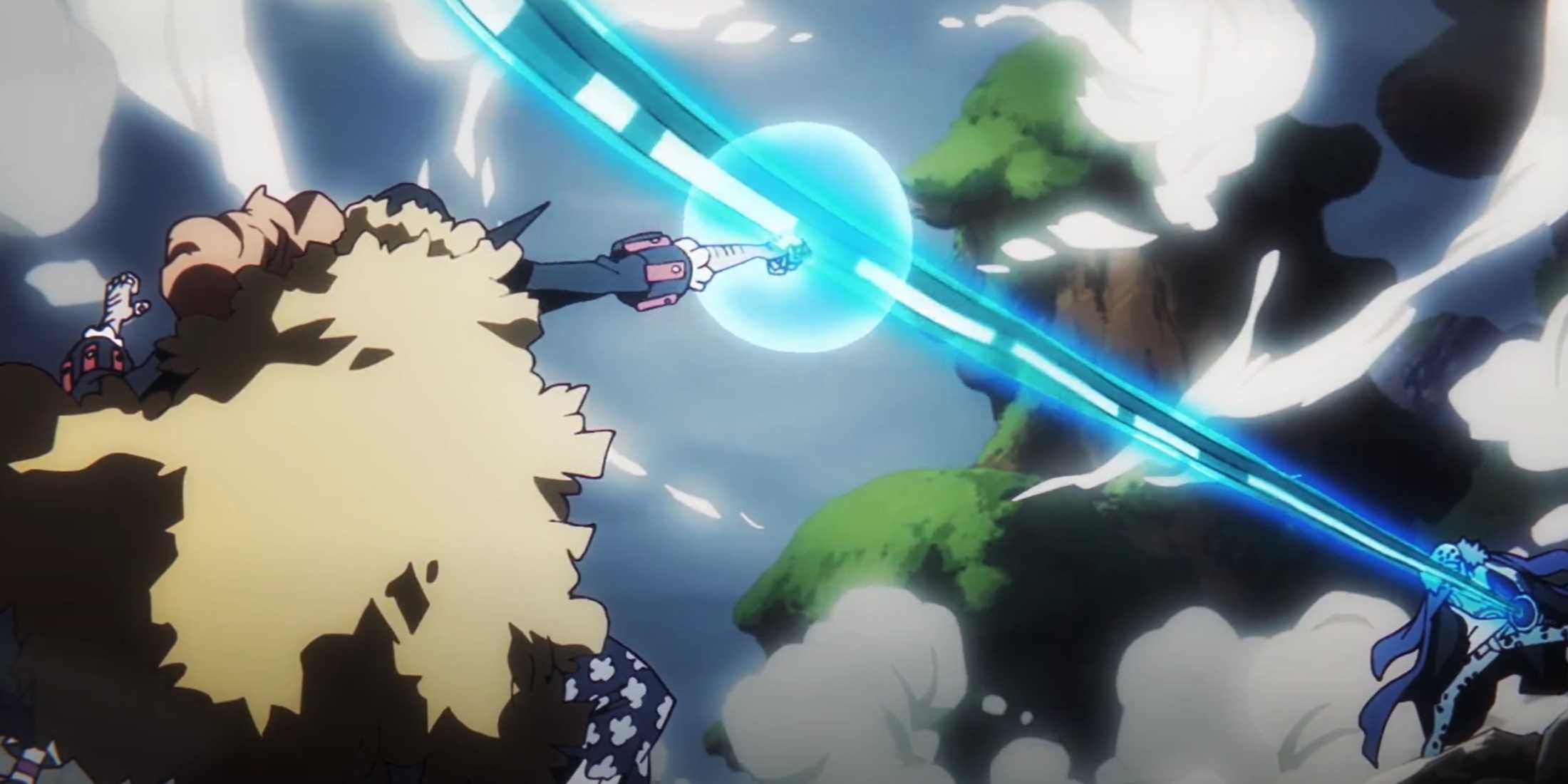 Law attempts to slash Blackbeard with his Devil Fruit empowered sword in One Piece.