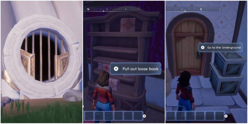 Three photos of where you will find entrances to the Underground black market in Kilima Village