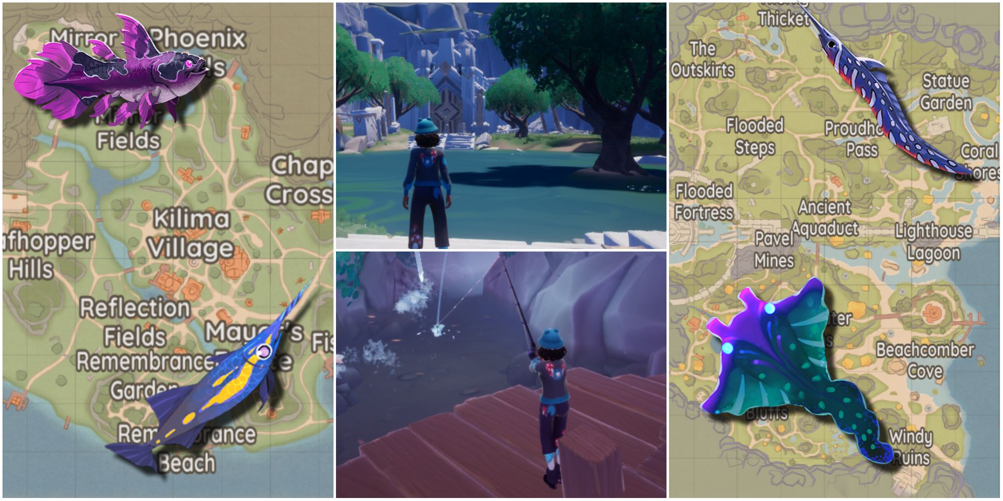 Two maps, multiple epic fish, and characters fishing at the best fishing spots in the game.