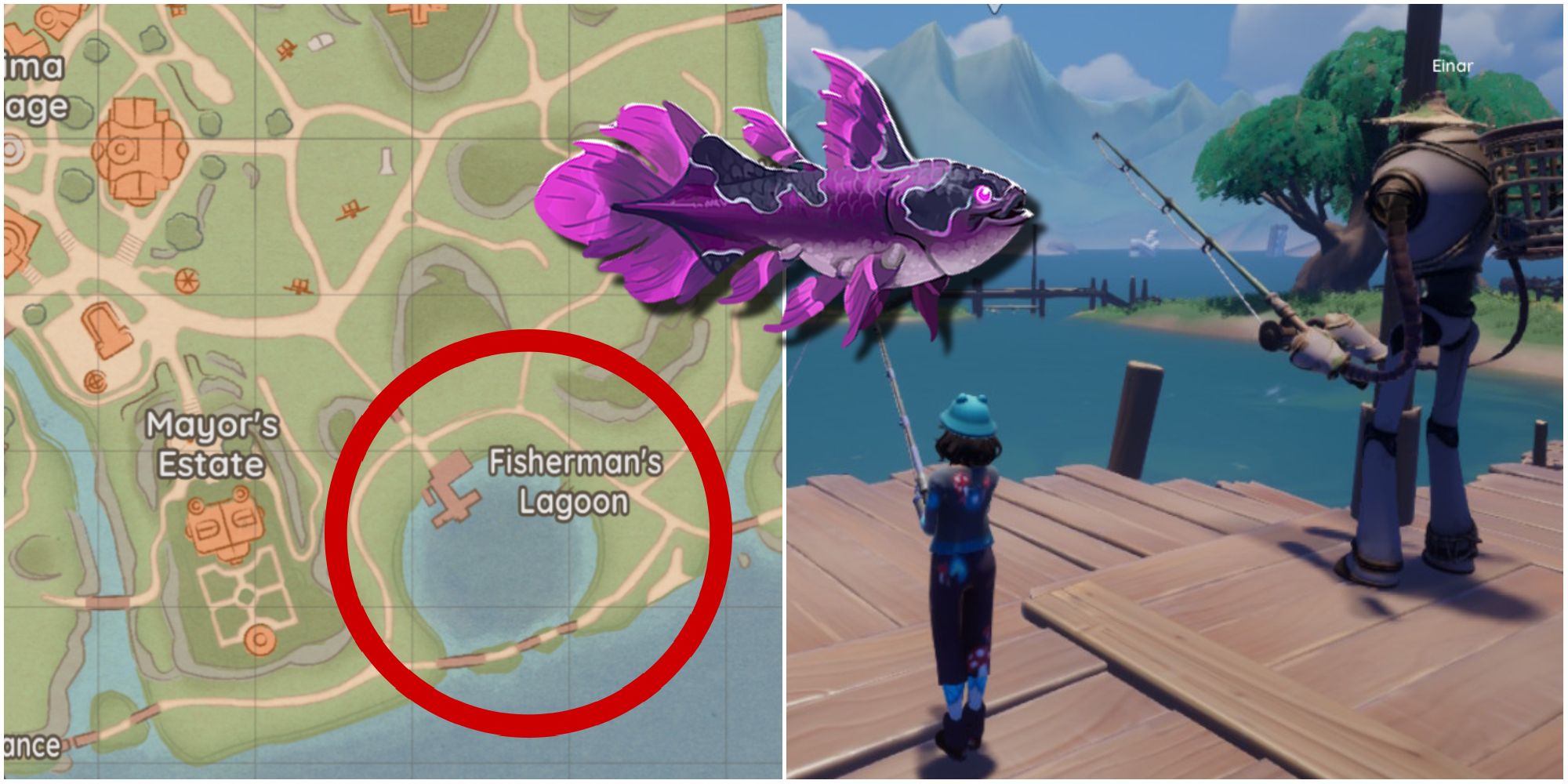 A map highlighting the Fisherman's Lagoon and a character fishing with Einar in this location