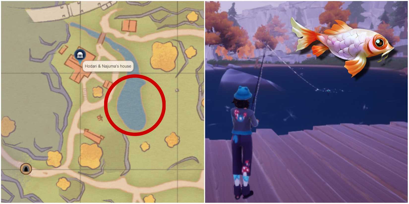 A map of Hodari & Najuma's House and a character fishing off the docks 