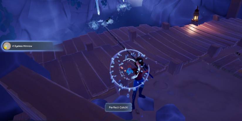 A character holding up their Eyeless Minnow that they've just caught in the Pavel Mines