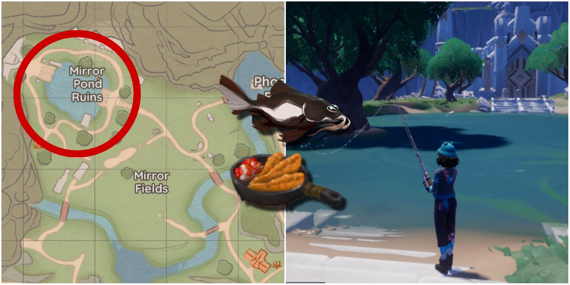 The map highlighting the Mirror Pond Ruins and a character fishing in the location
