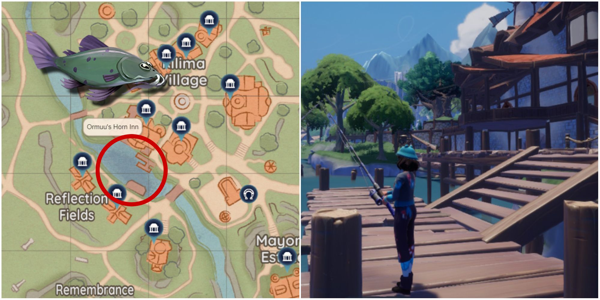 The location of the Ormuu's Horn Inn on a map and a character fishing off of the docks there