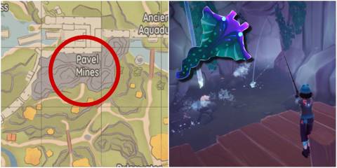 The map highlighting the location of the Pavel Mines and a character fishing in the caves