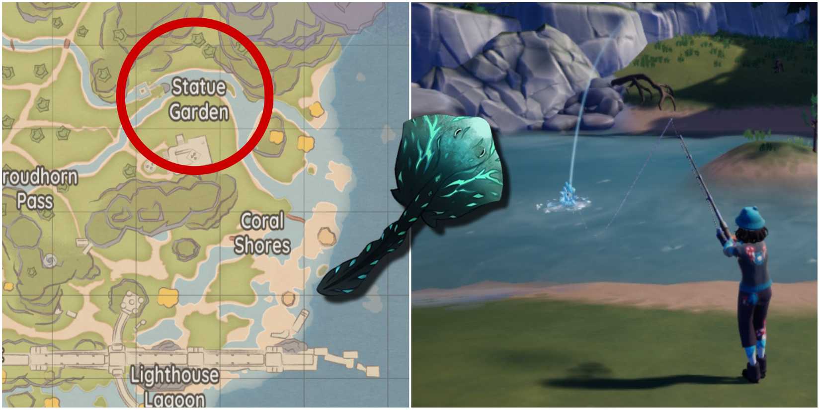 Statue Garden shown on a map and a character fishing in the location