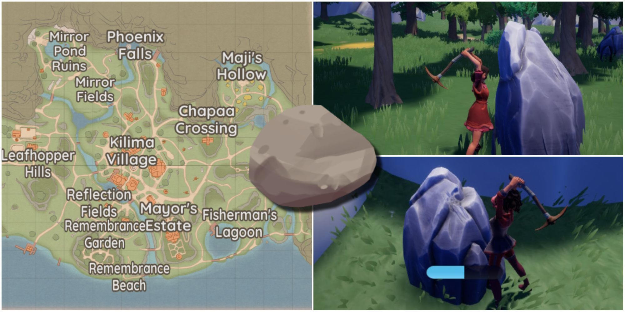 The map of Kilima and two images of a character mining stone at their home plot and at cliff bases