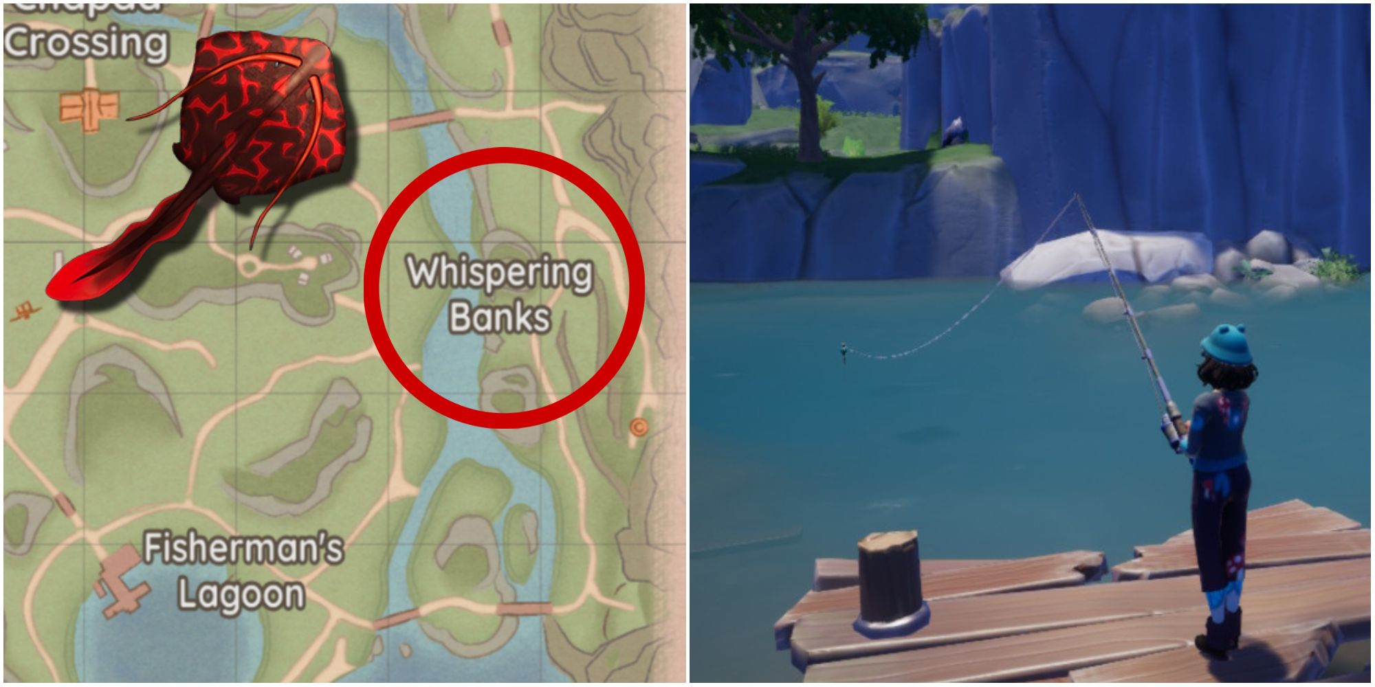 The map highlight and a character fishing off the docks at the Whispering Banks