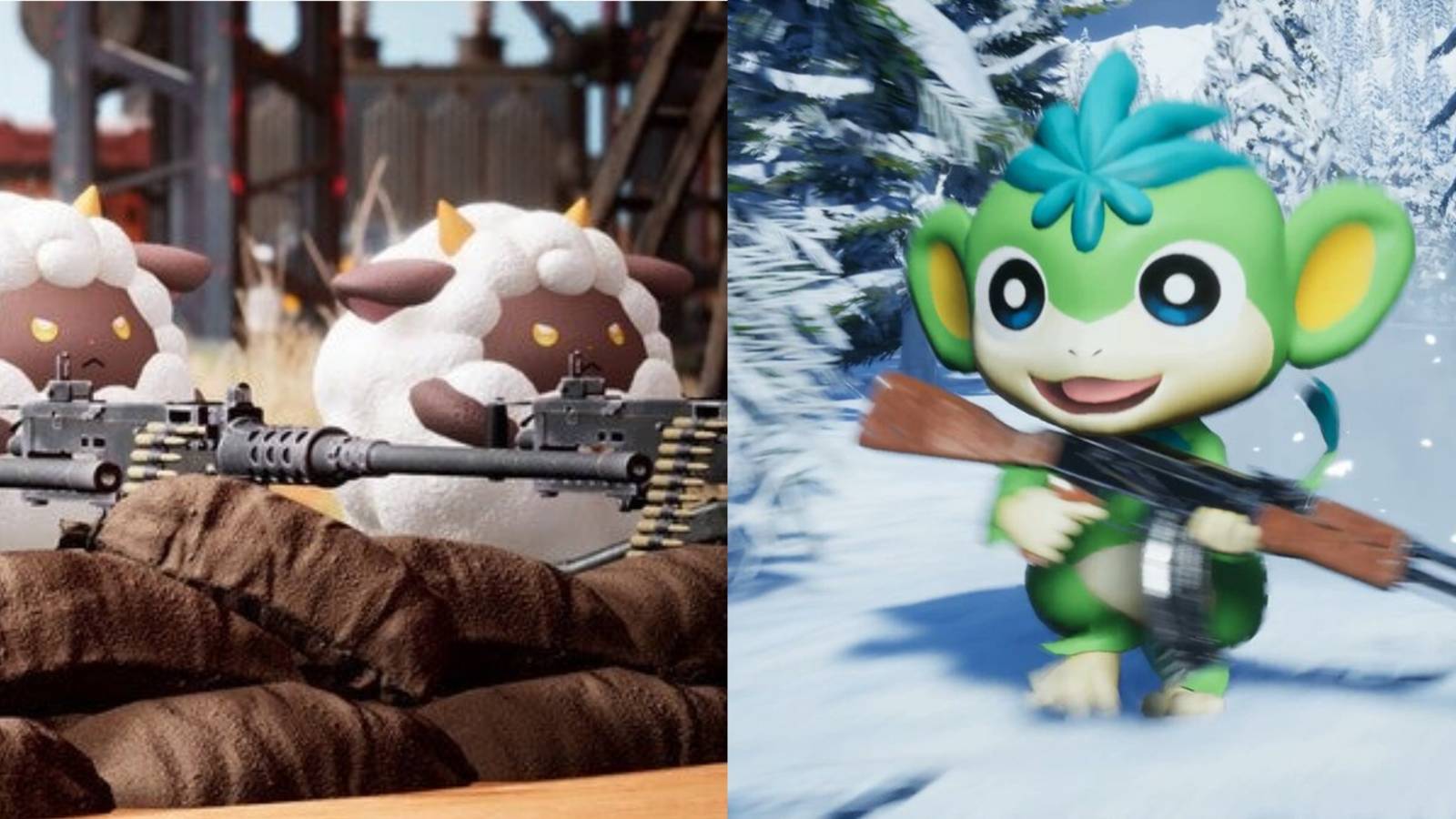 Palworld 6 Lamballs and a Tanzee wielding guns 