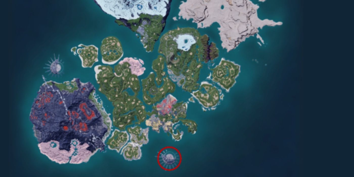 Palworld map with a red circle over location