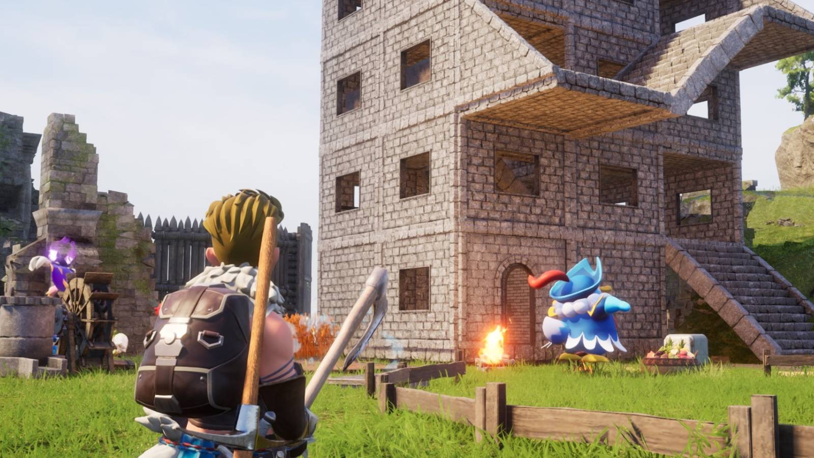 A screenshot from Palworld showing a player and an in-game base, showing multiple Pals working including Penking and Tombat.