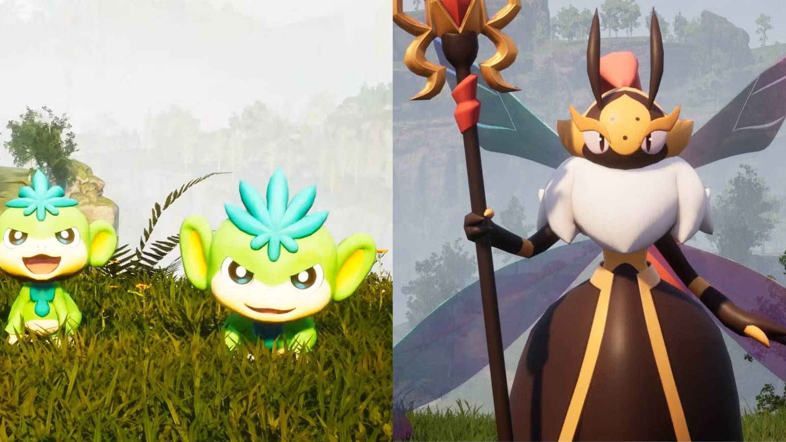 Palworld Lifmunk looking mischievously at the viewer and Beegarde also looking at viewer while holding a staff