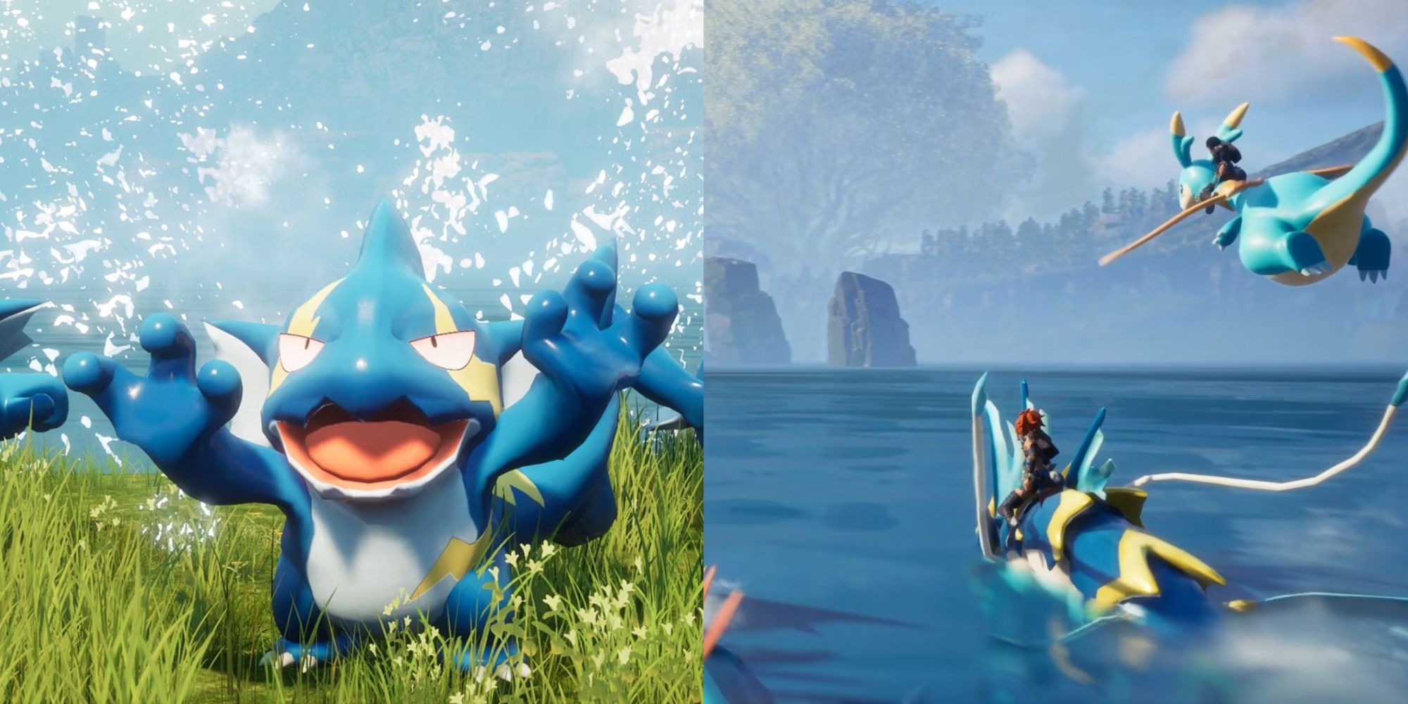 Palworld Gobfin throwing water on the left with players travelling on pals on the right