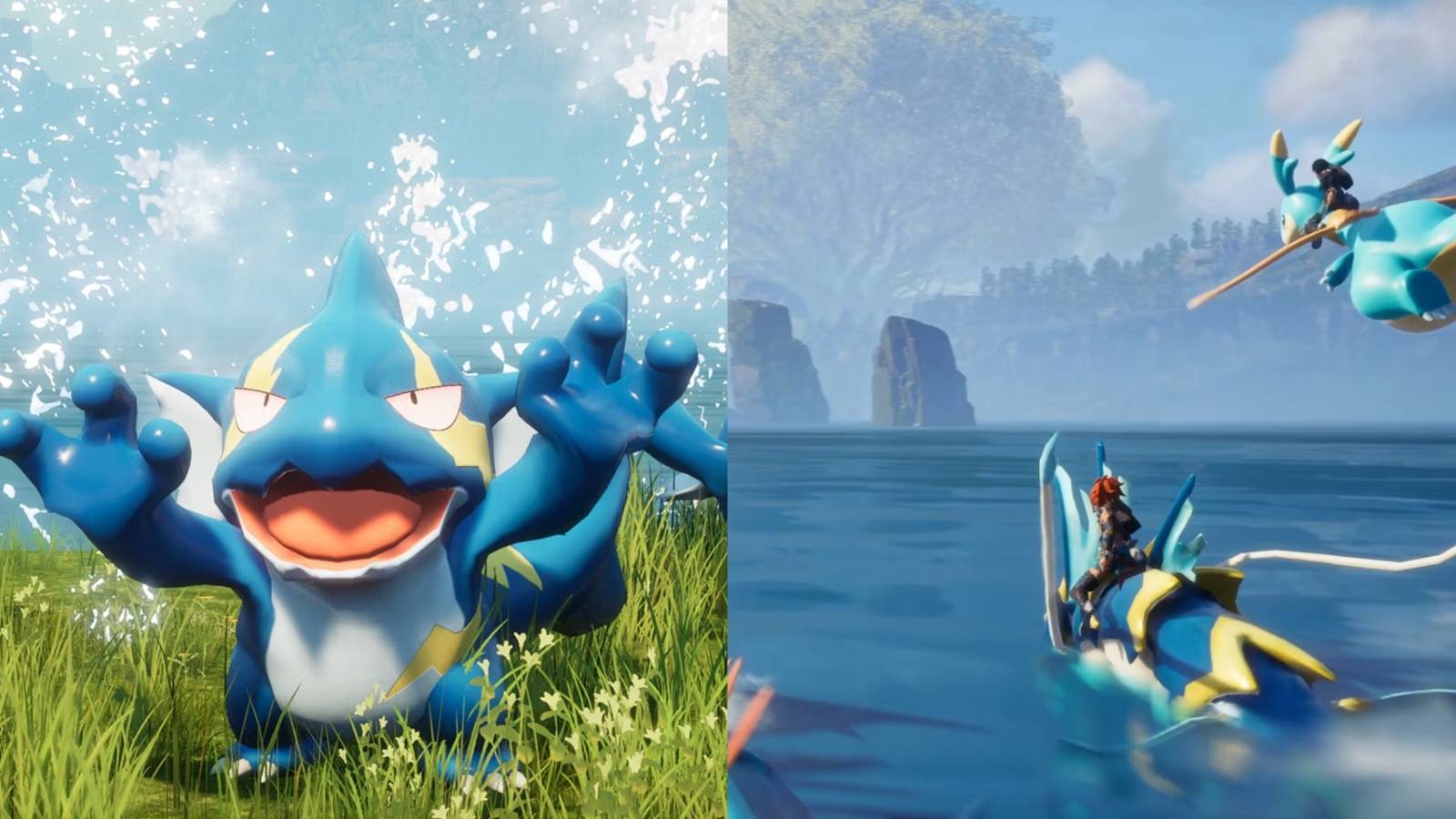 Palworld Gobfin throwing water on the left with players travelling on pals on the right