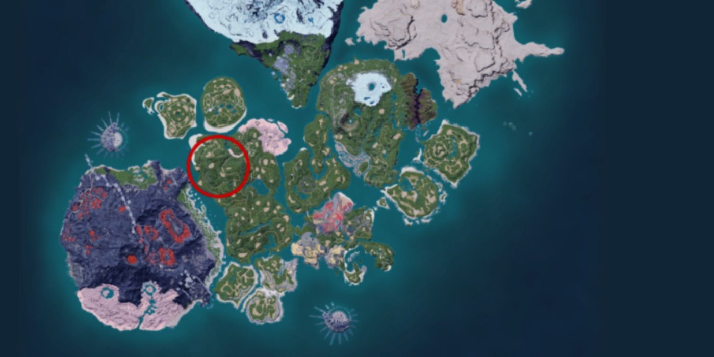 Palworld map with a red circle over a location